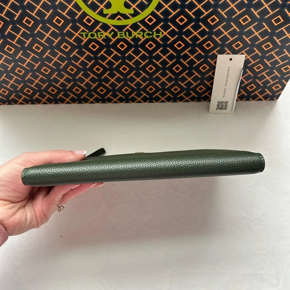 Tory Burch Blake Color Block Slim Envelope Wallet Basil Gold Dark Green